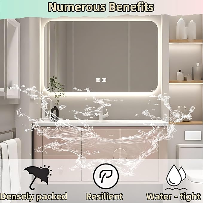 48IN Pink Modern Bathroom Vanity - Bathroom Vanities Set with 2 Drawers Wall Mounted | Rounded Corner Smart Defogging Mirror Cabinet with Lighting & Time Display, Side Opening Storage Shelf (Style B)