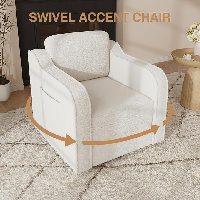 Swivel Accent Chair for Living Room, 30 Inches Barrel Upholstered Armchair, Cozy Modern Arm Chair Single Sofa for Bedroom, Apartment, Reading Room, White