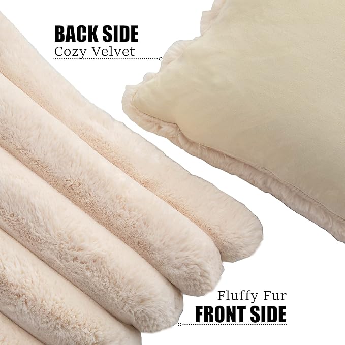 Neelvin Beige Faux Fur Cozy Soft Striped Decorative Throw Pillow Covers 12x20 inch Set of 2,Velvet Pillowcase Cushion Case for Sofa Couch