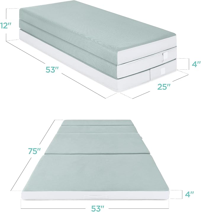 Best Choice Products 4in Portable Full-Size Mattress, Tri-Fold Mattress for Camping, Guest, Toddler, Foam Plush w/Carry Case - Seafoam
