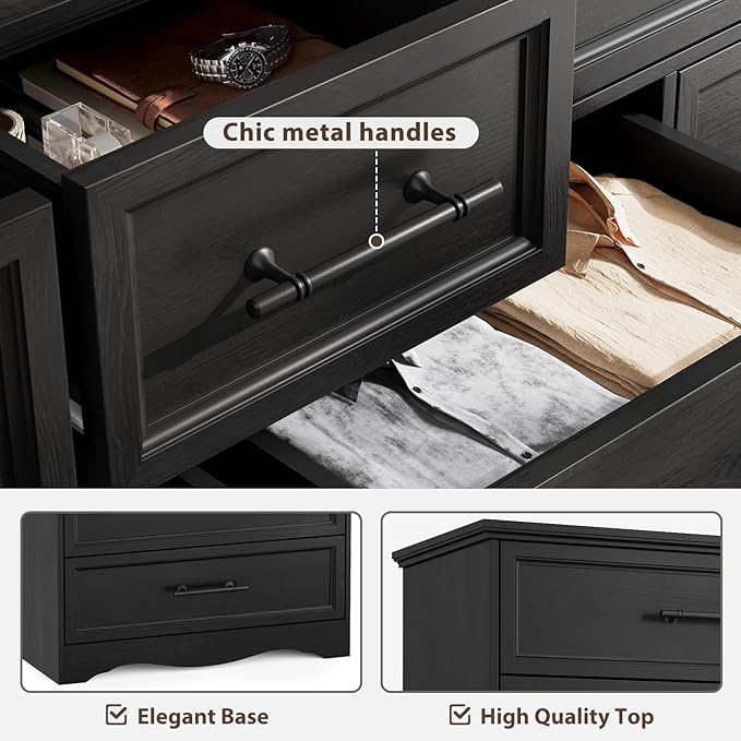 Black Farmhouse Dresser for Bedroom, 59" Wide Chest of Drawers with Brushed Metal Handle, 10 Chest of Drawers, Wood Closet Organizers and Storage Cabinet for Bedroom, Living Room, Hallway