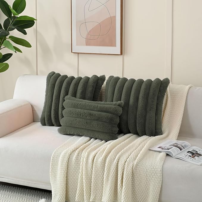 FUTEI Olive Green Decorative Throw Pillow Covers 22x22 Inch Set of 2, Square Soft Faux Rabbit Fur Big Striped Cushion Cover,Home Decor for Couch Sofa Bed Living Room