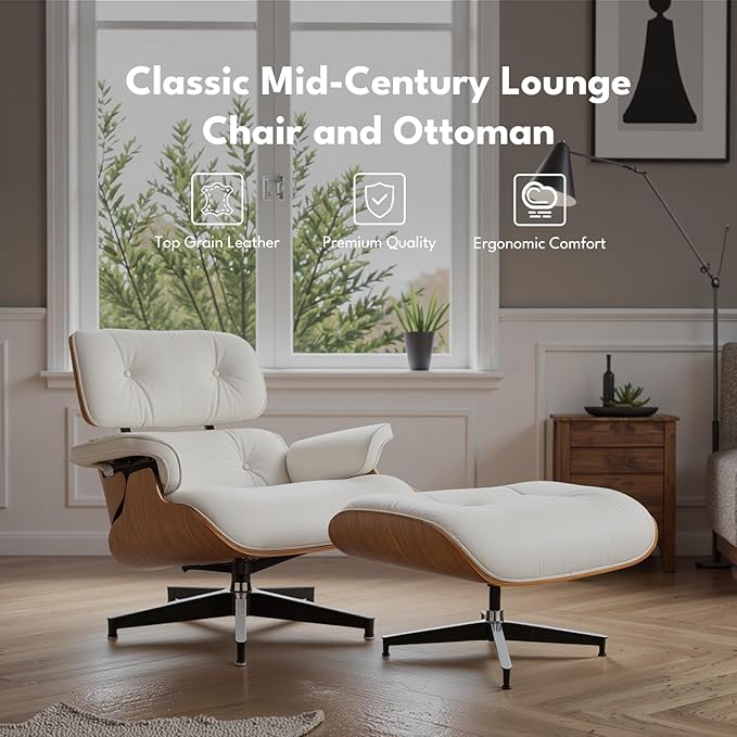 Top Grain Leather, Mid Century Chaise Lounge Chair and Ottoman, Reading Chair, Accent Lounge Chair, Modern Chair, Classic Design, Heavy Duty Base Support for Living Room Lounge Office, Walnut-White