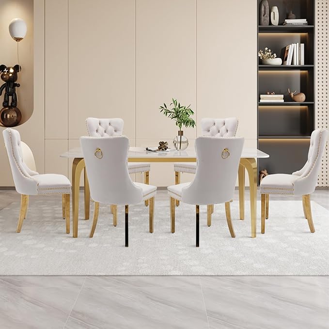 Velvet Upholstered Dining Chairs Set of 6, Modern Style Kitchen Side Chairs with Nailhead Trim and Gold Plated Leg, Metal Pulling Ring for Dining Room Living Room(Beige-Gold Plated Leg)