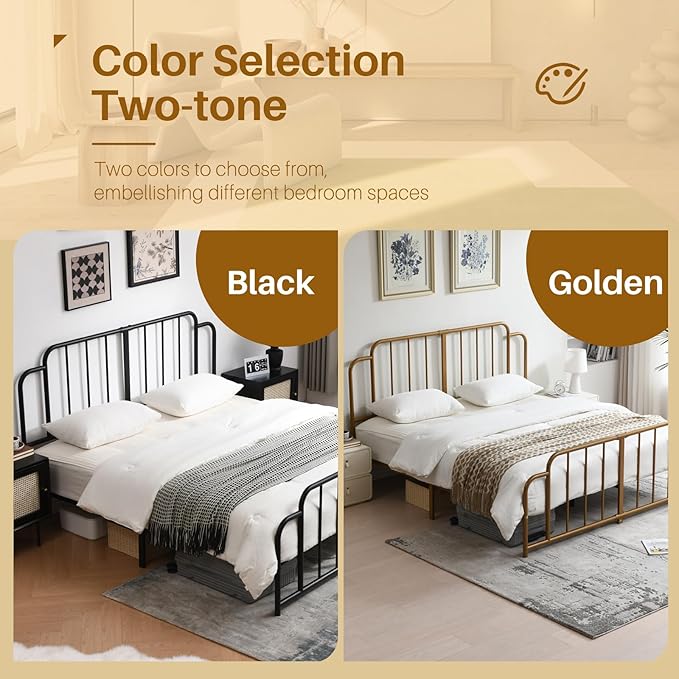 PINJU Metal Platform Bed Frame with Headboard and Footboard, Classic Style, Sturdy Metal Slats, No Box Spring Needed, Easy Installation (Gold, King)