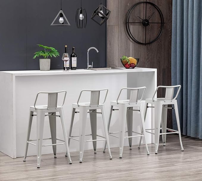 HAOBO Home Modern Industrial Metal Stool [Set of 4] for Indoor/Outdoor Dining Chair (24", Low Back White)