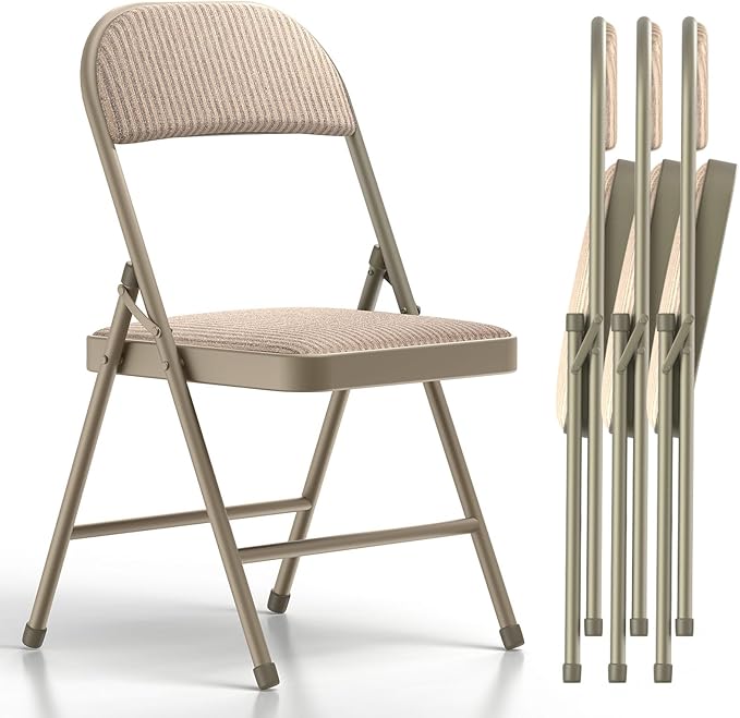 Nazhura 4 Pack Folding Chairs, Fabric Dining Chair Set with Padded Cushion and Back, Indoor Outdoo Seat for Home Office Events Wedding Party (Oatmeal Strip Fabric Seating)