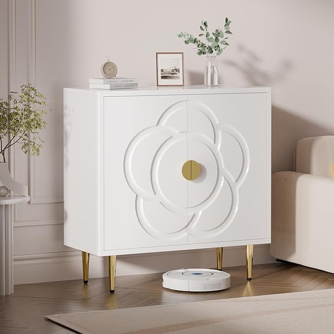 TOLEAD Storage Cabinet, Modern Cabinet with Decorative Flower Pattern Doors, Accent Sideboard Buffet Cabinet for Hallway, Living Room, Kitchen, White