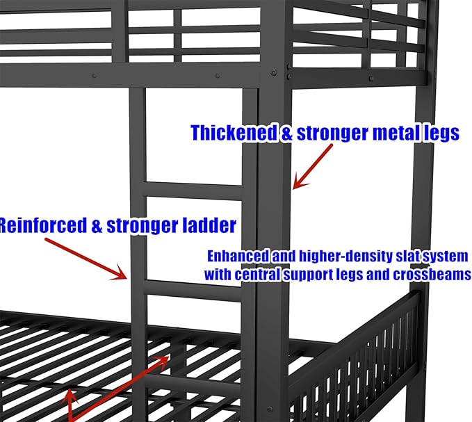 Higher Quality & Stronger Heavy Duty Steel Black Bunk Bed Queen Over Queen Size Bunkbed, Thickened More Stable Safer Metal Bunk Queen Bed (Easier to Assemble)