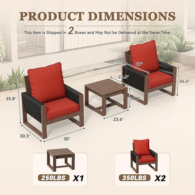 Patio Chairs 3 Piece Wood Patio Furniture with Coffee Table & Cushions, PE Wicker Outdoor Conversation Set Balcony Chairs for Garden, Porch, Deck, Backyard