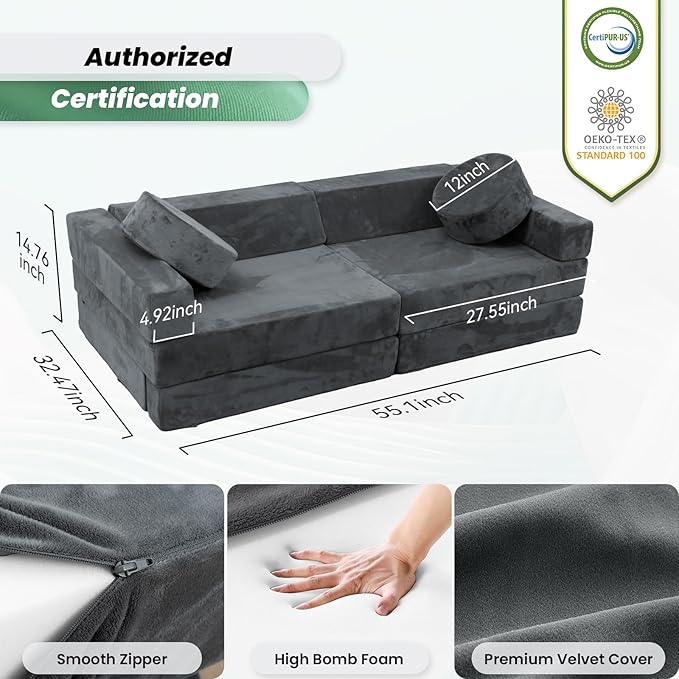 HOMFINE 16pcs Modular Kids Play Couch, Kids Toddler Couch, Child Sectional Sofa, Versatile Kid Sofa for Playroom Bedroom, Convertible Foam and Floor Cushion for Boys and Girls, Grey