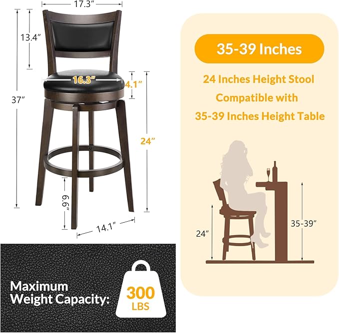 PrimeZone Swivel Bar Stools Set of 2, 24 Inch Counter Height Barstools, Black Faux Leather Bar Stool with High Backrest & Solid Wood Legs & Wrap-around Footrest, Counter Stools for Kitchen Island, Pub
