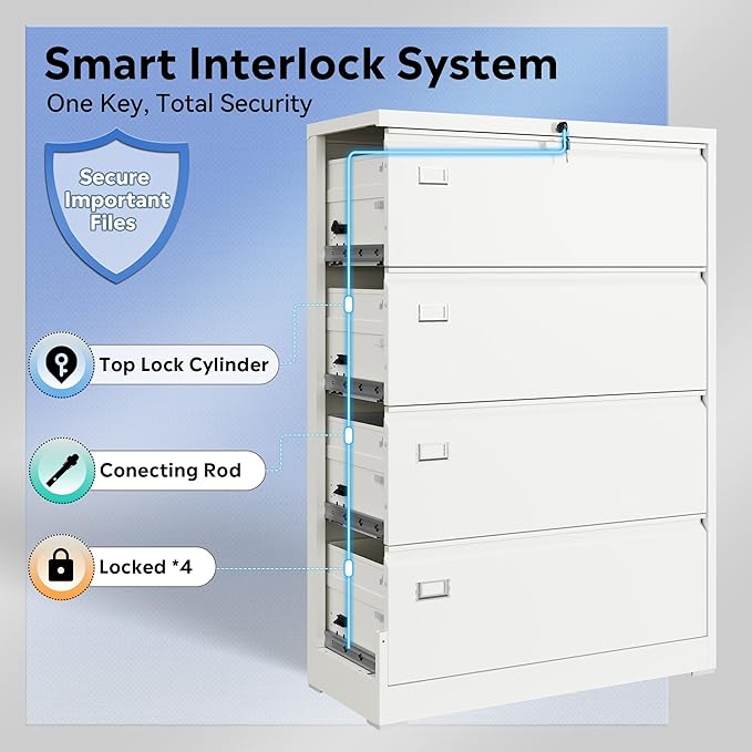 DEVAISE 4 Drawer Lateral File Cabinet with Lock, Metal Filing Cabinets for Home Office, 16" D x 35" W x 52" H Wide Storage Organization for Hanging Files Letter/A4/Legal/F4 Size, White