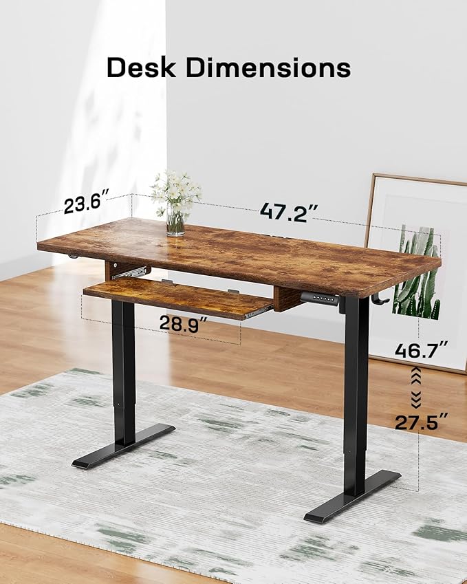 Marsail Electric Standing Desk with Ergonomic Keyboard Tray, Adjustable Desk with 27.5” to 46.7” Height Range, 4 Memory Presets, Smooth and Quiet Lifting, 48 x 24 inch Adjustable Height,TZESD14Rustic