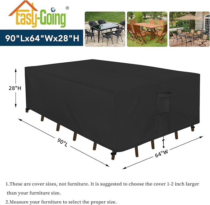 Easy-Going Rectangle Patio Furniture Cover Waterproof Outdoor Dining Table and Chair Cover Anti-UV Outside Sectional Sofa Set Covers (90"L x 64"W x 28"H, Black)