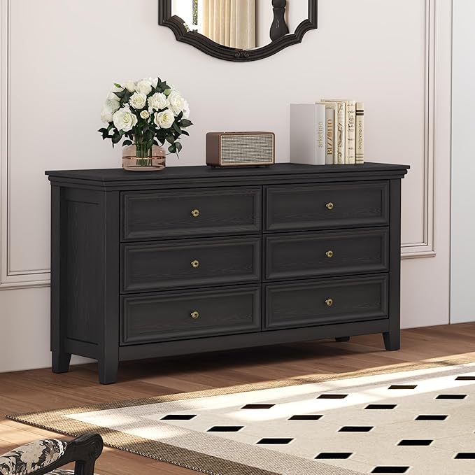 BLANKSPACE Black 6 Drawer Dresser, Modern Dresser for Bedroom, Wood Drawer Organizer with Metal Knobs, Large Capacity Wood Cabinet for Bedroom, Hallway