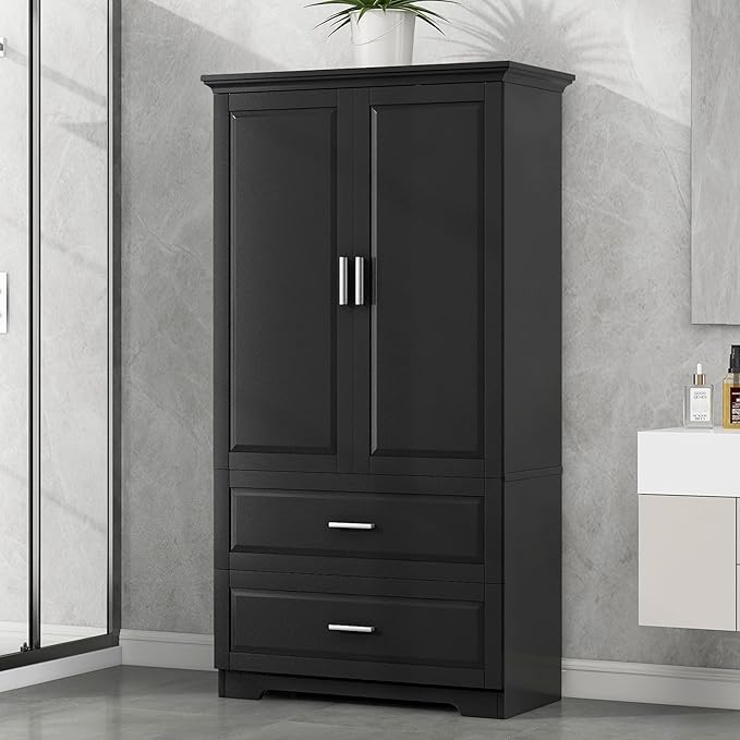 Tall Storage Cabinet, Bathroom Floor Freestanding Storage Cabinet with 2 Doors and 2 Drawers for Bathroom, Office, Living Room, Black