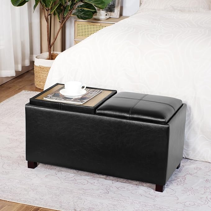 Adeco 31 Inches Storage Ottoman Bench, Non-Folding End of Bed Foot Rest Stools Ottoman with Thicker Foam Padded Seat, Upholstered Storage Chest for Living Room, Entryway, Bedroom