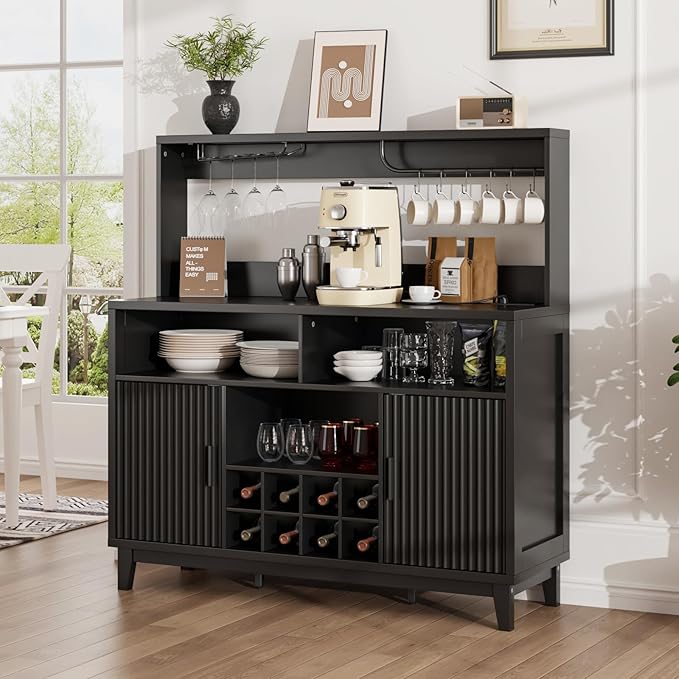 Fluted Buffet Cabinet with Storage, Modern Coffee Bar Cabinet with Outlet, Wine Rack, Cup Holder, Multi-Functional Accent Liquor Cabinet for Living Room, Entryway, Kitchen, Black