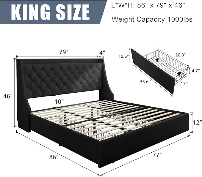 King Size Upholstered Platform Bed Frame with 4 Storage Drawers and Charging Station, Linen Button Tufted Wingback Headboard, Sturdy Wooden Support Slats, No Box Spring Needed, Black