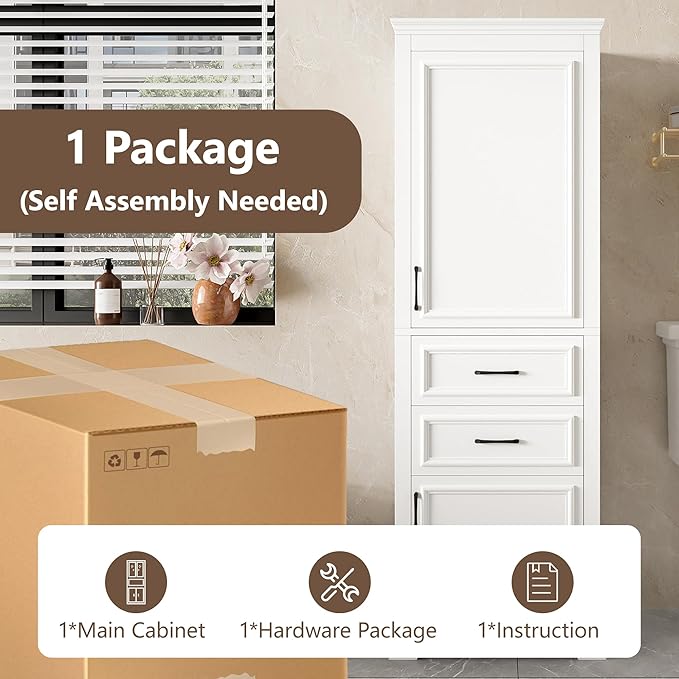 Tall Freestanding Storage Cabinet with 2 Doors & 2 Drawers, Multi-Purpose Organizer with Adjustable Shelf for Bathroom, Office, Living Room, White