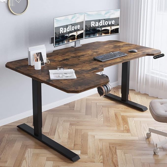 Radlove 59-Inch Large Electric Height Adjustable Computer L-Shaped Desk with Memory Controller Corner Standing Desk Modern Workstation with Splice Board Ergonomic Desk (Black Frame + Rustic Brown Top)