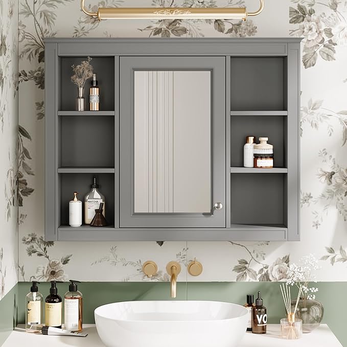 Bathroom Wall Cabinet with Mirror, 35'' x 27.5'' Medicine Cabinet with Mirror Door and Adjustable Shelves, Over Toilet Storage Cabinet, Wall-Mounted Bathroom Mirrors for Over Sink with Storage