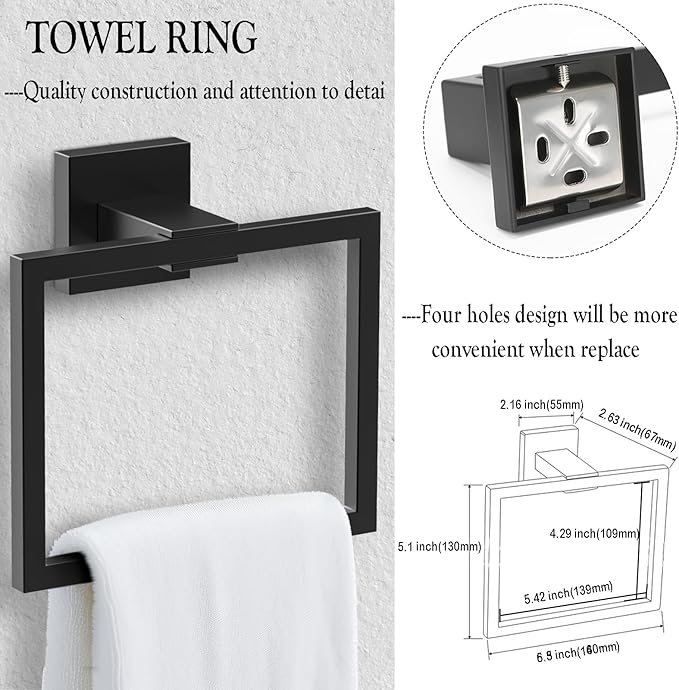 BOZWELL 5 Pieces Matte Black Bathroom Hardware Accessories Set Square Towel Racks for Bathroom 23.6 inch Stainless Steel Towel Bar Set Wall Mounted Towel and TP Set