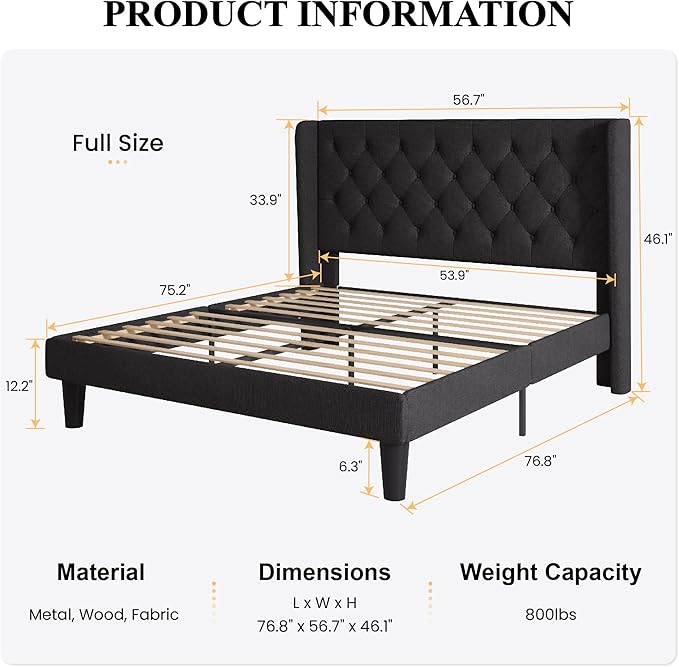 SHA CERLIN Full Size Platform Bed Frame with Upholstered Headboard and Wingback, Button Tufted Design, Easy Assembly, No Box Spring Needed, Black