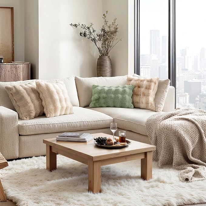 MIULEE Faux Fur Pillow Covers Thick Soft Plush Lumbar Throw Pillows Luxury Home Decor for Couch Bed Bedroom Living Room Sofa,12x20 Inch Pack of 2 White-Beige