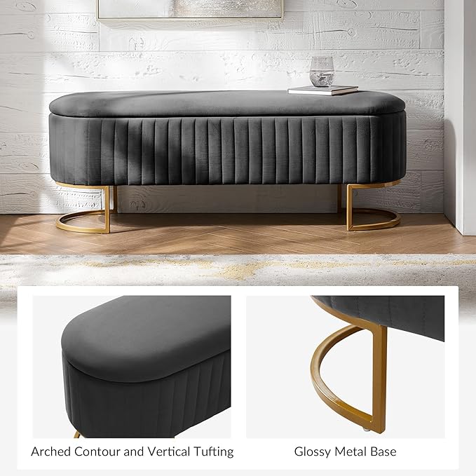 EcoHarbor Living 50.5" Storage Bench Velvet Bedroom Ottoman,Upholstered End of Bed Bench with Gold Legs,Flipping Lid Entryway Footrest, Grey