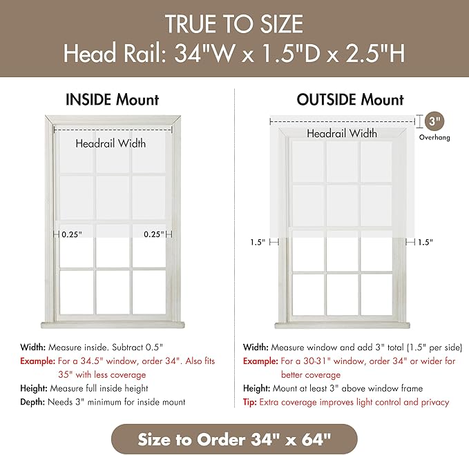 Madison Park Kyler Cordless Roman Shades - Single Panel, Lightweight Linen Blend Fabric, Natural Design, Easy Installation, Light Filtering Window Blind, Bedroom, Living Room Decor 34"W x 64"H White