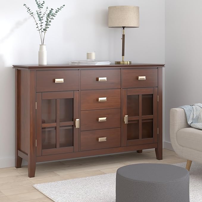 SIMPLIHOME Artisan Buffet - 54 inch Wide Solid Wood 3-Door Sideboard Buffet in Russet Brown, Transitional Storage Cabinet for Dining Room or Kitchen with Adjustable Shelves and Bronze Hardware