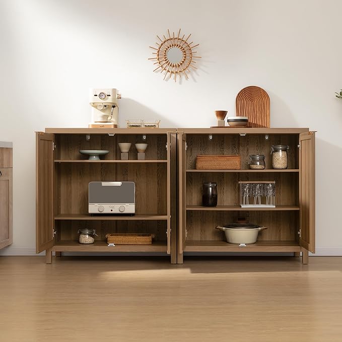 SICOTAS Sideboard Buffet Cabinet with Large Storage : Boho Rattan Credenza Coffee Bar Storage Cabinet with Adjustable Shelves, Farmhouse Console Cabinets for Kitchen, Living Room, Entryway, Oak, 2 PCS