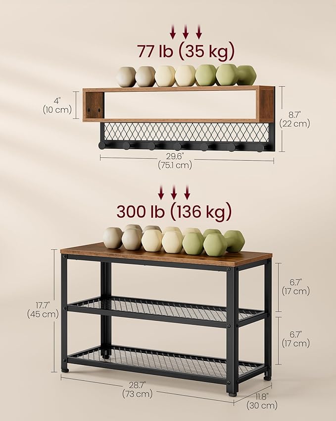 VASAGLE Coat Rack Shoe Bench Set, Hall Tree with Bench, Entryway Furniture, Multifunctional, Dot Coat Hooks, 2-Tier Shoe Rack, Industrial Style, for Entryway, Hallway, Rustic Brown ULCR073K01