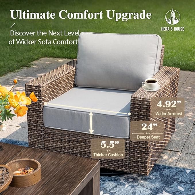 HERA'S HOUSE Patio Furniture Conversation Set with 4.92" Widened Armrest, Swivel Glide Chairs with 5.5" Thick Cushions, Gray Outdoor Wicker Sofa Set, 4 Pieces 5 Seats