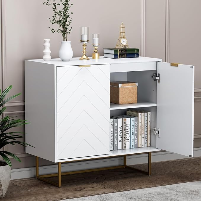 Scurrty 94.5" Large Sideboard Buffet, Storage Cabinet with Golden Legs, Black Sideboard Storage Cabinet with 6 Doors and Adjustable Shelf, Accent Cabinet for Living Room, Kitchen,White
