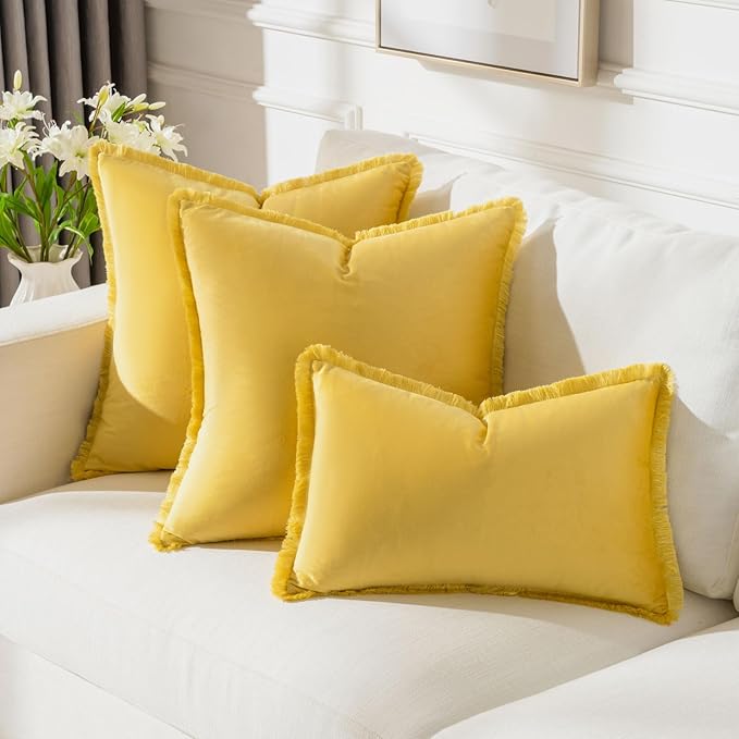 FUTEI Lemon Yellow Velvet Decorative Throw Pillow Covers 16x16 Set of 2,Soft Cozy Edge with Tassels Cushion Case,Boho Modern Home Decor for Couch Bed Living Room