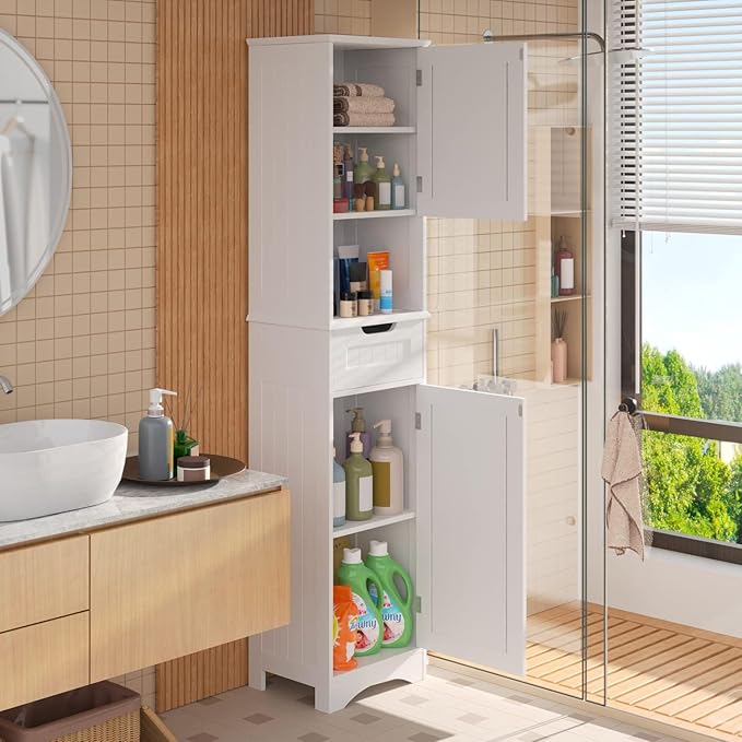 Gizoon 67" H Tall Bathroom Cabinet, Storage Cabinet with 2 Doors & Drawer, Narrow Bathroom Storage Cabinet Freestanding Adjustable Shelves for Home, Kitchen, Versatile, Anti-Tipping, White