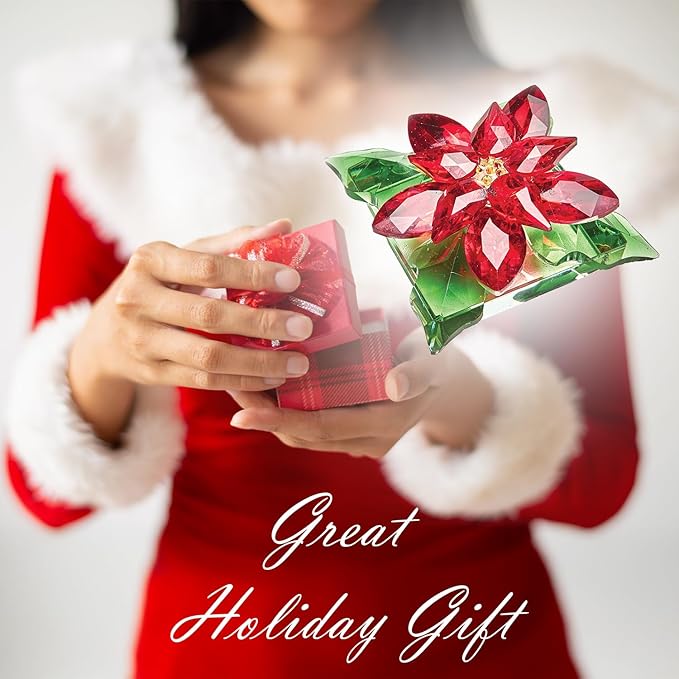 Bits and Pieces Crystal Poinsettia Figurine - Faceted Glass Sparkling Red and Green, Home Decor Christmas Decoration and Gift