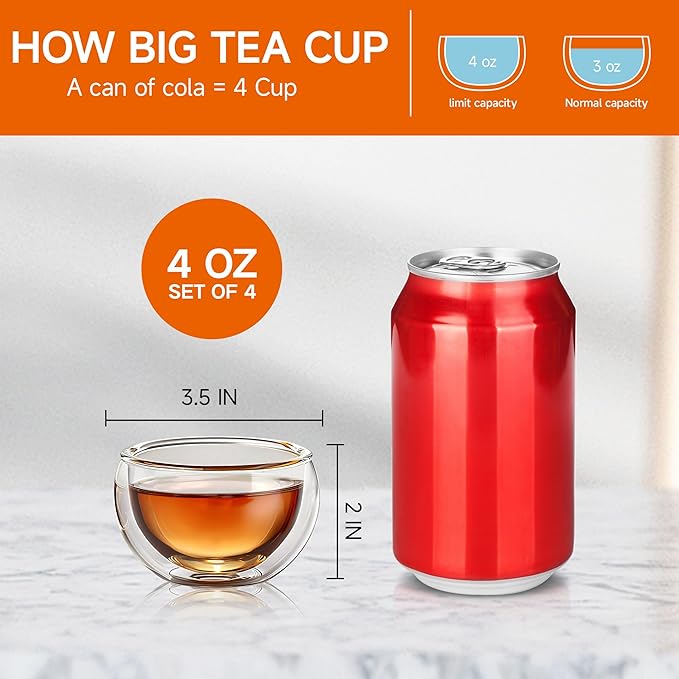 Set of 4 Teacups - Double Walled Insulated Glasses - (4oz / 120ml) Heatproof Borosilicate Tea Cup, Mini Espresso Cups Gift Box