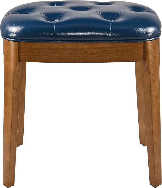 MODERION Vanity Bench Stool with Upholstered, Modern Luxury Wood Stool ,Ottoman Shoe Bench for Living Room, Vanity, Entryway, 19.3"L x 14.9"W x 19.3"H Easy Assembly, Beeswax Leg & Blue Seat FD-HNY-BL