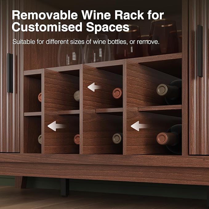 Fluted Buffet Cabinet with Storage, Modern Coffee Bar Cabinet with Outlet, Wine Rack, Cup Holder, Multi-Functional Accent Liquor Cabinet for Living Room, Entryway, Kitchen, Walnut
