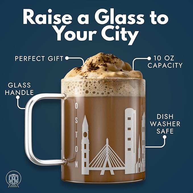 Greenline Goods – Boston, MA Skyline Glass Coffee Mugs (Set of 2), 15 oz – Etched Wrap Design