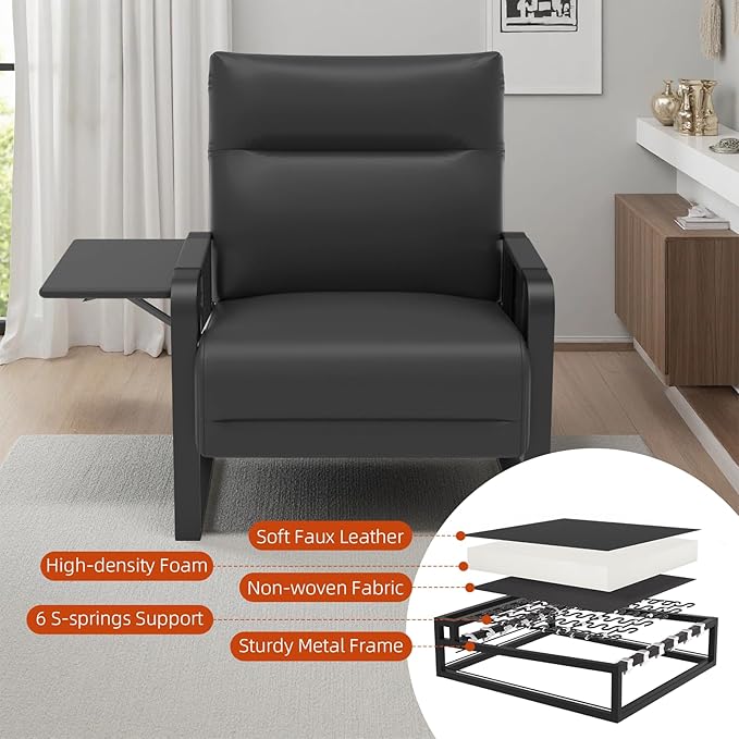 Upholstered Accent Sofas Set of 2, Modern Faux Leather Sofa Chairs with Foldable Side Tray Table & Storage Pocket, Small Accent Sofas for Living Room, Bedroom, Black