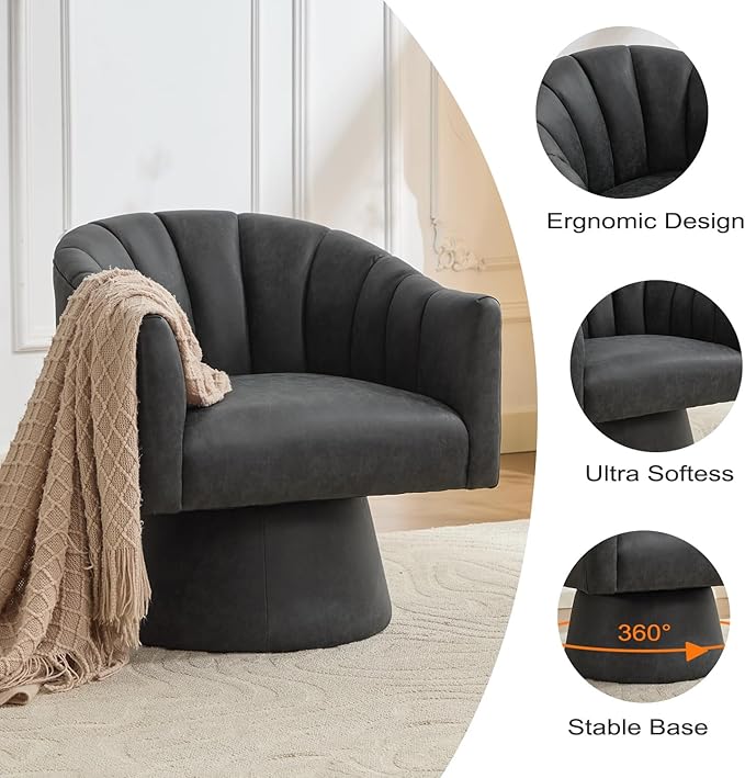 Swivel Accent Chair Set of 2,Faux Leather 360°Swivel Barrel Chair Upholstered Modern Living Room Chair, Overstuffed Reading Armchair for Bedroom,Vanity,Office-Black