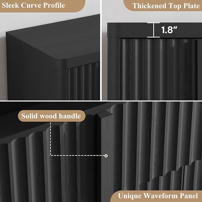 Buffet Cabinet with Storage, 60" Fluted Sideboard with 4 Drawers & 2 Door–Modern Accent Buffet Cabinet with Adjustable Shelves, Credenza Storage Cabinet for Kitchen, Dining, Living Room,Black(1PC)