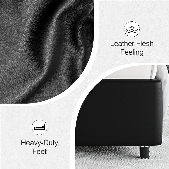 Queen Bed Frame with LED Lights, Faux Leather Upholstered Platform with Silver Wingback Headboard, Modern Style, No Box Spring Needed, Easy Assembly, Black