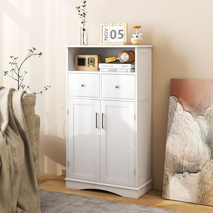 Giantex Bathroom Floor Storage Cabinet - Freestanding Storage Cabinet with 2 Doors, 2 Drawers, 2 Adjustable Shelves, Storage Organizer for Living Room, Bathroom, Kitchen, Hallway Cabinets (White)