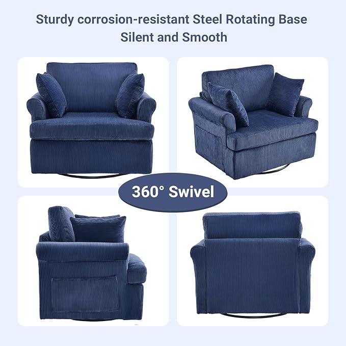 Karl home Swivel Accent Chair Set of 2, 39" Oversized Armchair W/2 Pillows and 4 Pockets,Modern Corduroy Barrel Chairs,Comfy Single Sofa for Living Room,Reading,Bedroom and Office-Dark Blue